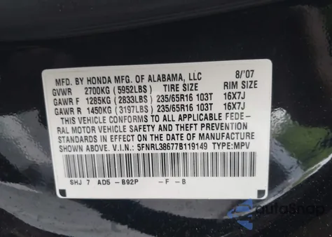 2007 Honda Odyssey Ex-L z USA, uszkodzony, nr VIN 5FNRL38677B119149